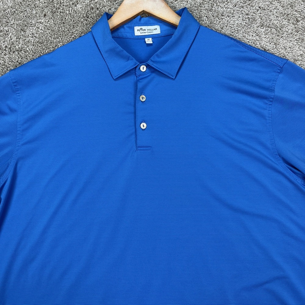 Peter Millar Polo Shirt Mens XL Blue Striped Short‎ Sleeve Golf Performance EUC